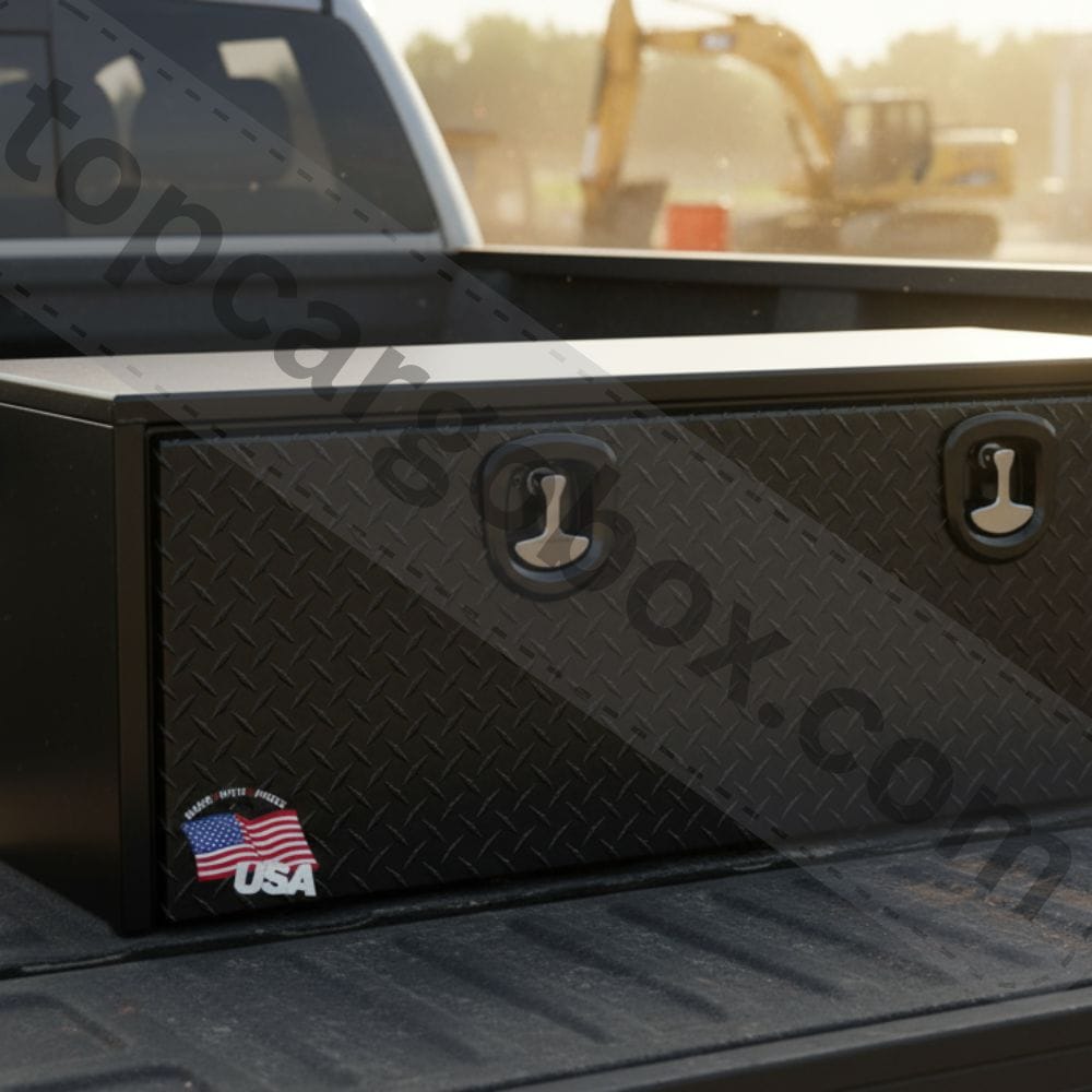 A contractor looks frustrated as they open a rusty, disorganized truck tool box filled with damp and corroded tools after a rainstorm.