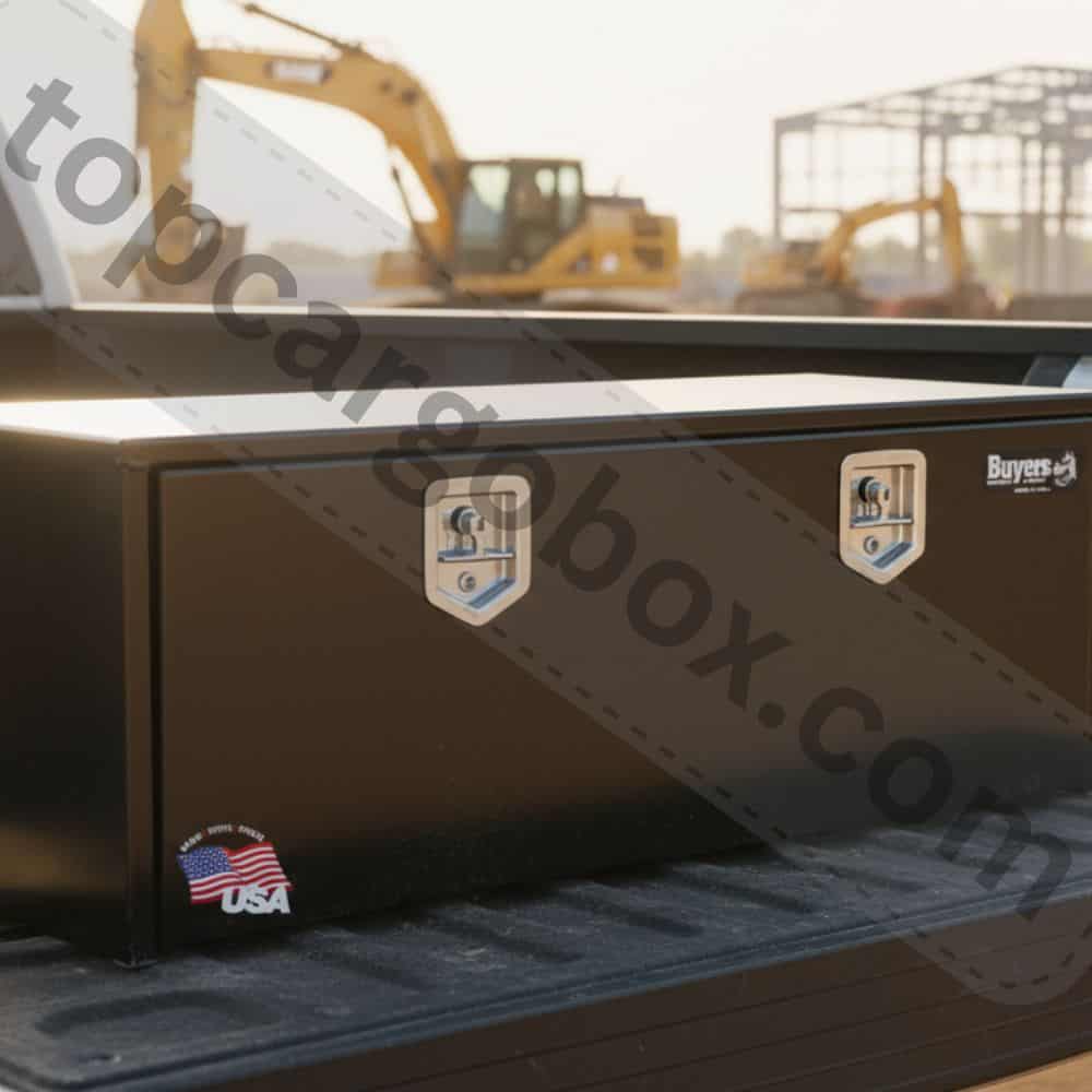 The Buyers Products underbody truck box is shown securely mounted beneath a flatbed, utilizing wasted space and keeping the cargo area clear.