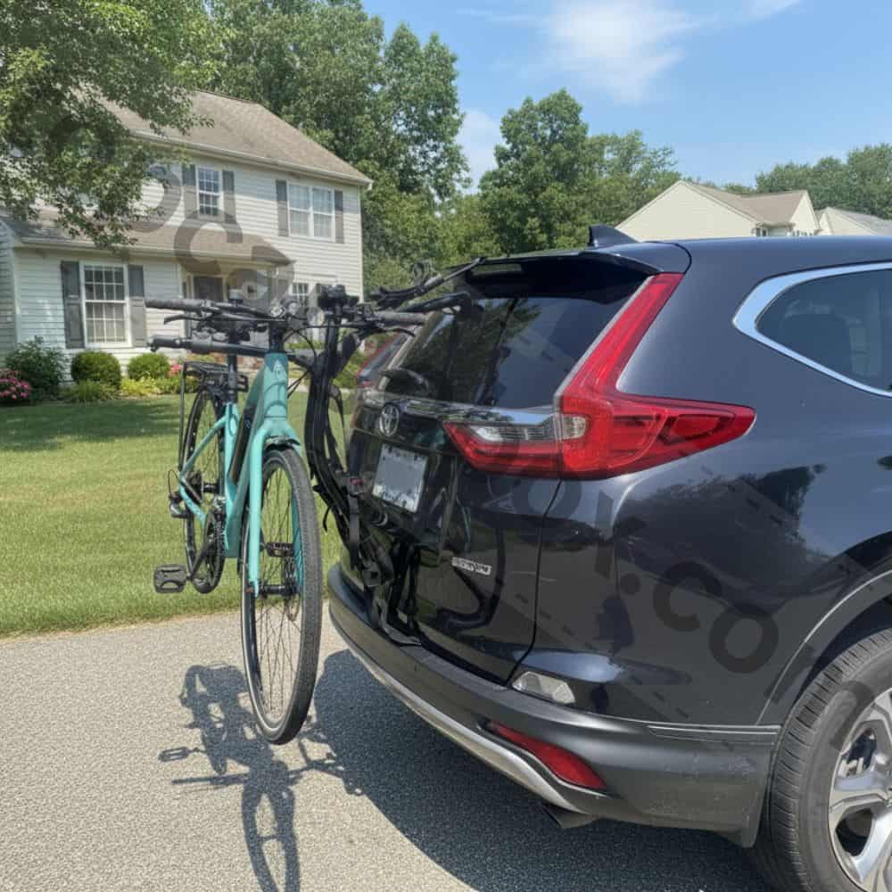 A cyclist using the integrated bottle opener on the Yakima rack to celebrate with a cold drink after a successful ride.