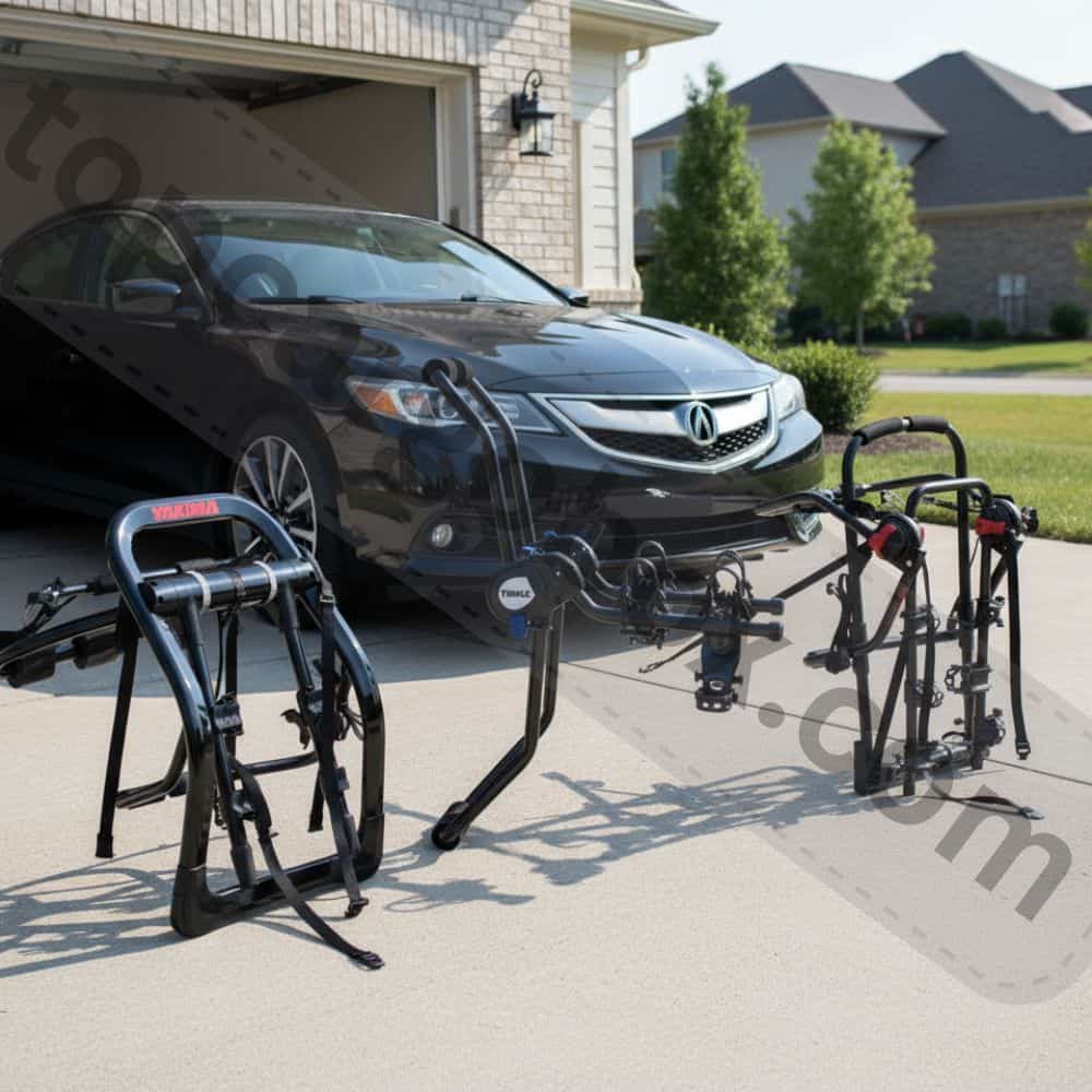 A detailed shot focuses on the anti-sway cradle and strap system holding a bike frame securely in place on the Acura ILX.
