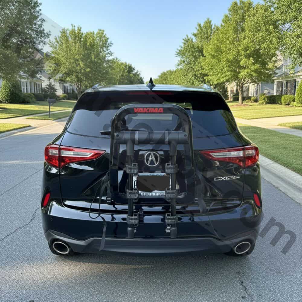 A person's hand is shown pulling the cam-buckle strap tight to secure the rack to the vehicle, with no loose straps dangling.
