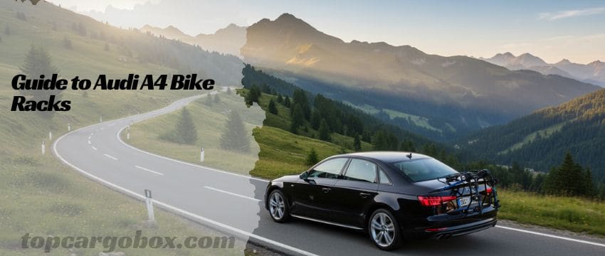 A sleek silver Audi A4 with two mountain bikes securely mounted on a black Thule Passage trunk rack, driving towards a forest trail.