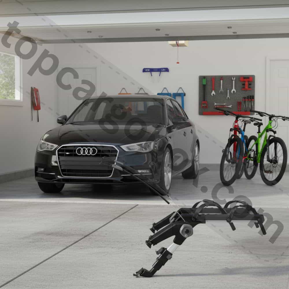 Illustration showing the three main bike rack types for an Audi A3: roof mount, hitch mount, and trunk mount, for easy comparison.