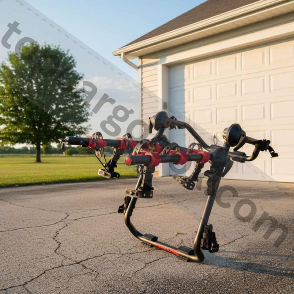 A cyclist easily loading a bike onto the Saris Bones EX rack, highlighting the ratcheting anti-sway strap securing the bike's frame.