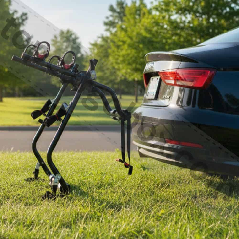 The innovative arc-based design of the Saris rack clearing the integrated spoiler on the back of an Audi A3 hatchback.