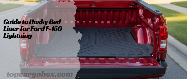 A close-up shot showing the textured, anti-skid surface of the black Husky bed mat, with a heavy toolbox sitting securely on top without sliding.