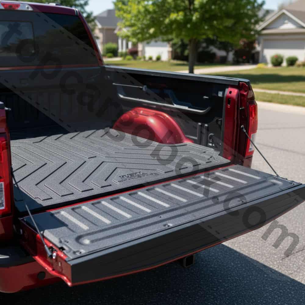A side-profile view demonstrating how the bed mat's Air Dry Nibs create a small air gap between the mat and the truck bed floor for moisture control.