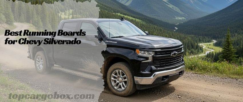 A polished stainless steel running board with a wide 6.5-inch step stool profile installed on a black Chevy Silverado crew cab.