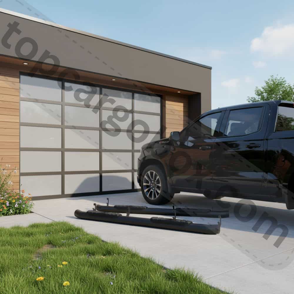 A person easily reaches across the running board to access the truck bed, demonstrating the platform's utility beyond just a step.