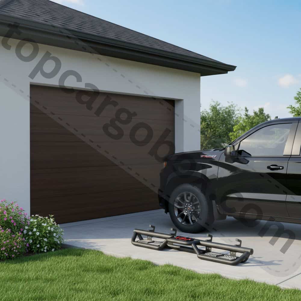 A person wearing work boots steps confidently onto the wide, stable platform of a step stool running board.
