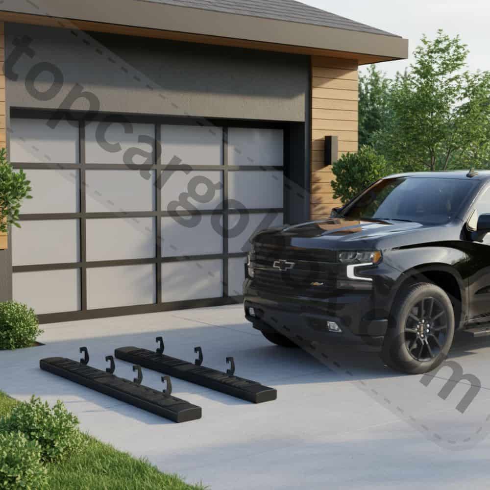 Diagram showing the four heavy-duty steel brackets that securely attach the running board to the truck's frame.