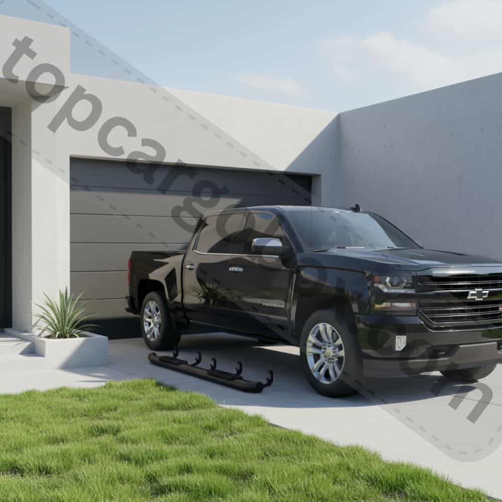 Side-by-side comparison showing the clean, protected rocker panel of a truck with running boards versus a dirty one without.