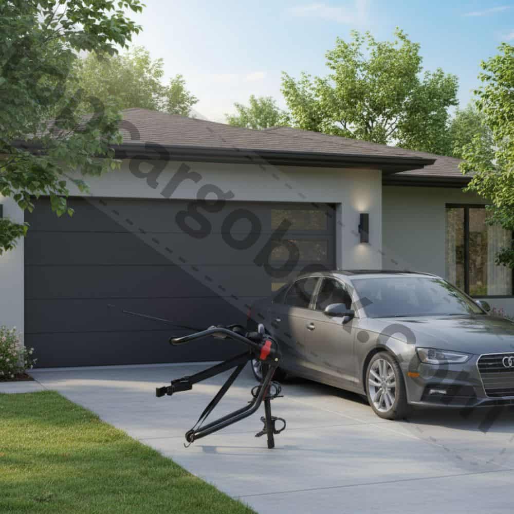A sleek, black Yakima HangOut bike rack is mounted on the trunk of a glossy Audi A5, showing off its compact and low-profile design.