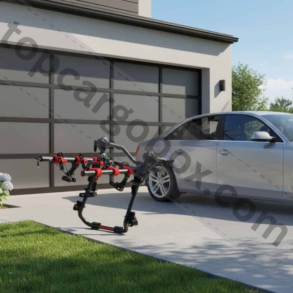 Two mountain bikes are securely cradled in the StableCradles, with their wheels strapped down, showing a fully loaded and ready-for-adventure setup.