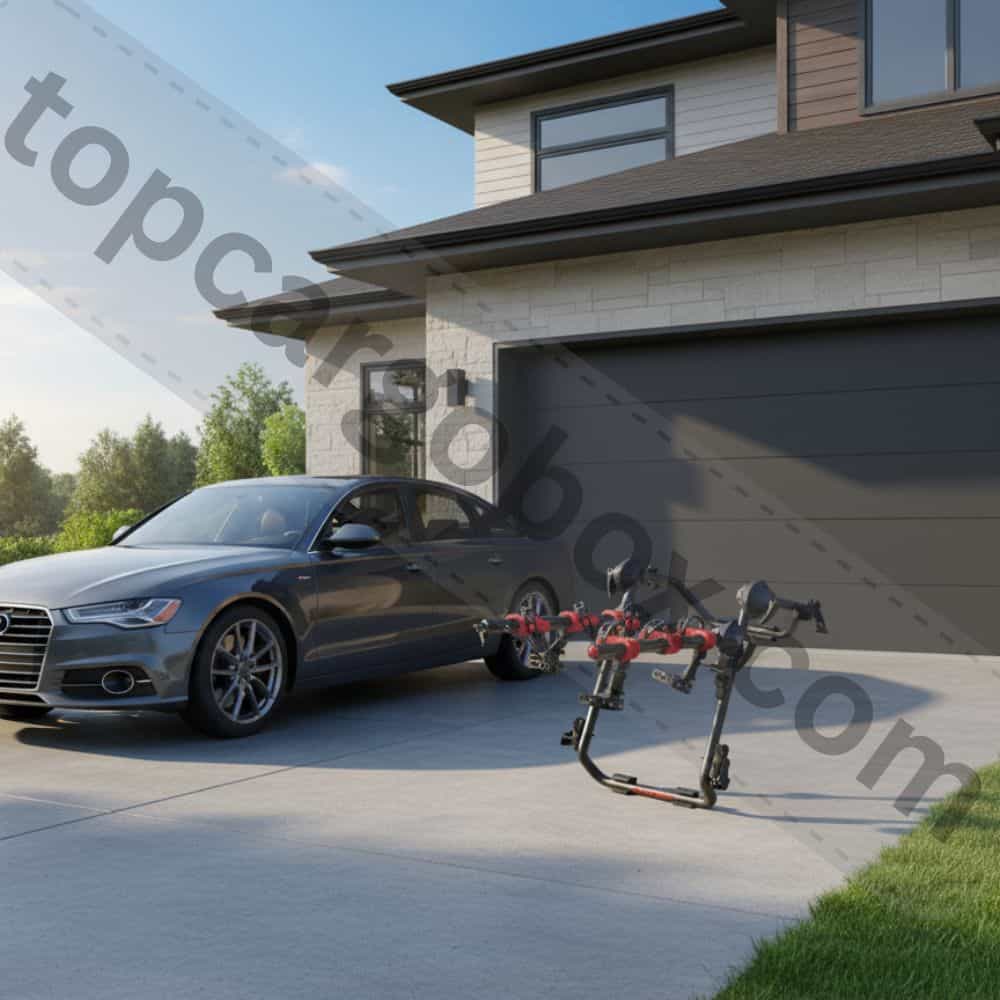 A side-view of an Audi A6 equipped with a hitch-mounted platform bike rack, carrying two mountain bikes securely by their wheels, completely clear of the car's body.