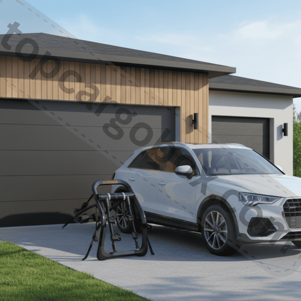 A person securely locking their bike frame to the Thule bike rack using the included integrated cable lock.