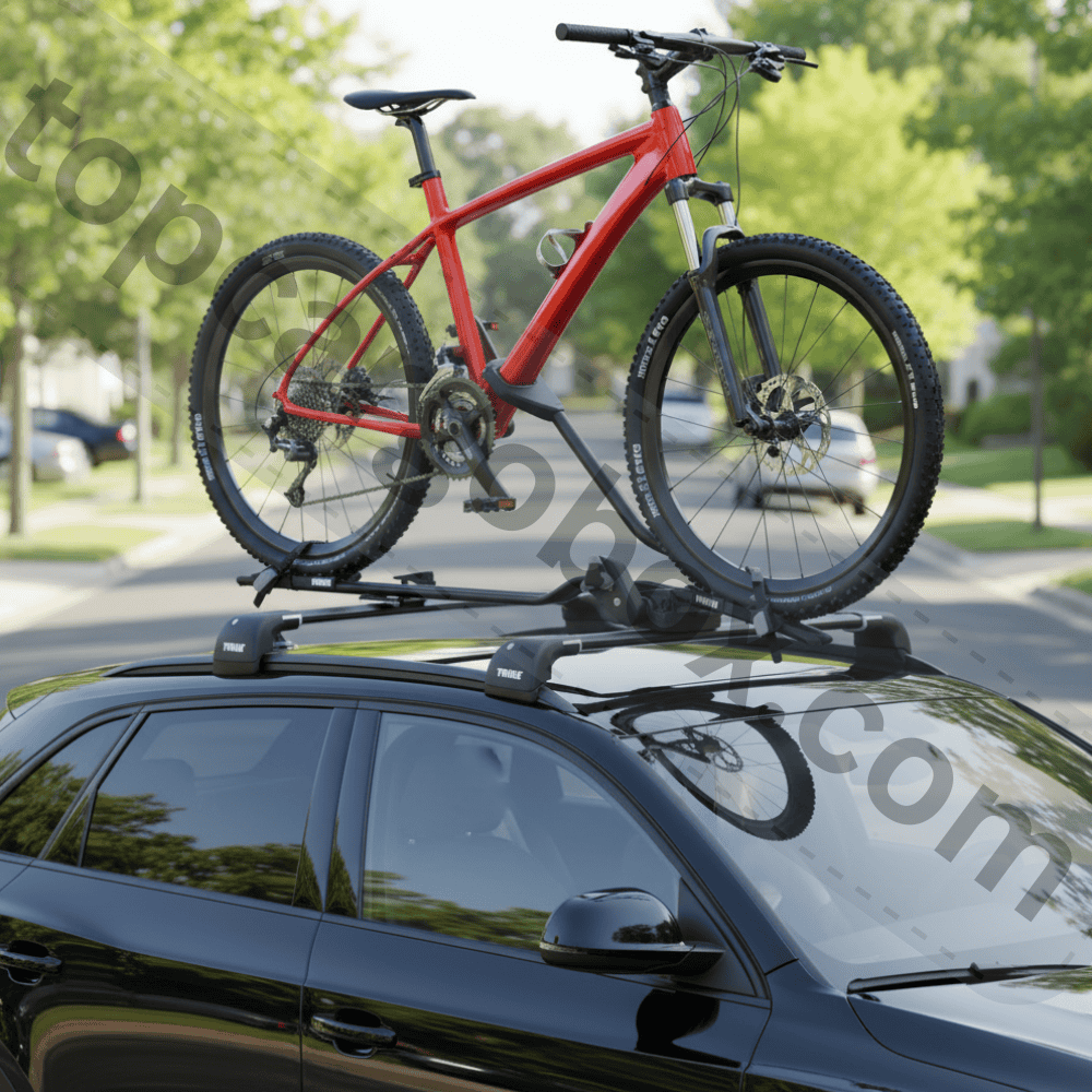 A person effortlessly rolling a heavy e-bike up the integrated folding ramp of a hitch bike rack towards their Audi Q3.