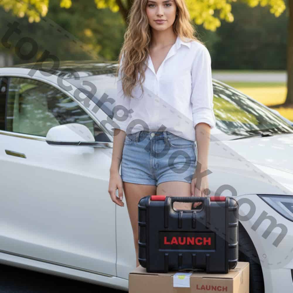 A person's hand holding a professional LAUNCH X431 CRP919 EV diagnostic scanner, which is plugged into a Tesla Model 3's OBD2 port.