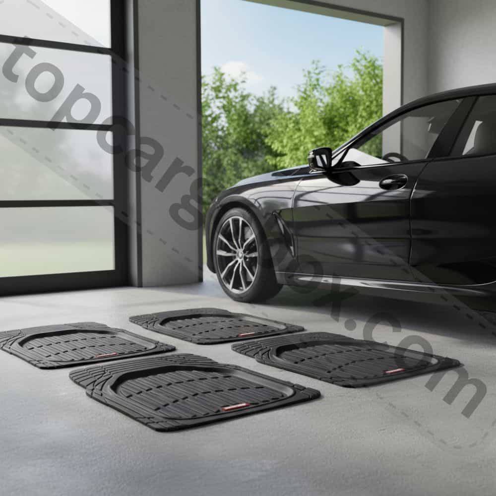 A side-by-side comparison illustrates a flimsy, flat car mat allowing a spilled coffee to seep onto the carpet versus a high-walled mat successfully containing the entire liquid spill.