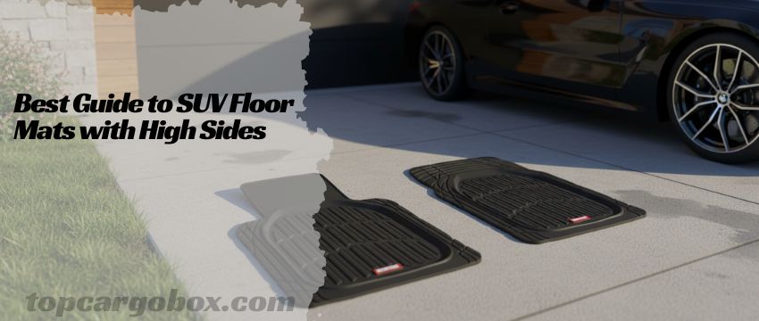 A person's muddy hiking boot is shown resting securely on a textured, deep-grooved rubber mat with tall, vertical sidewalls containing all the debris.