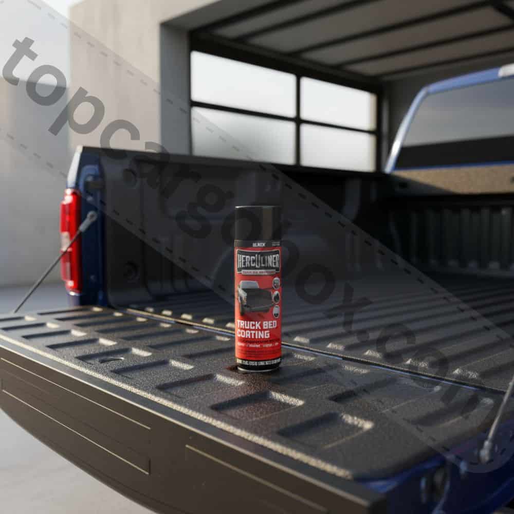 A close-up shot of a person's hand firmly shaking a black aerosol can of truck bed liner, with the mixing ball audibly rattling inside.