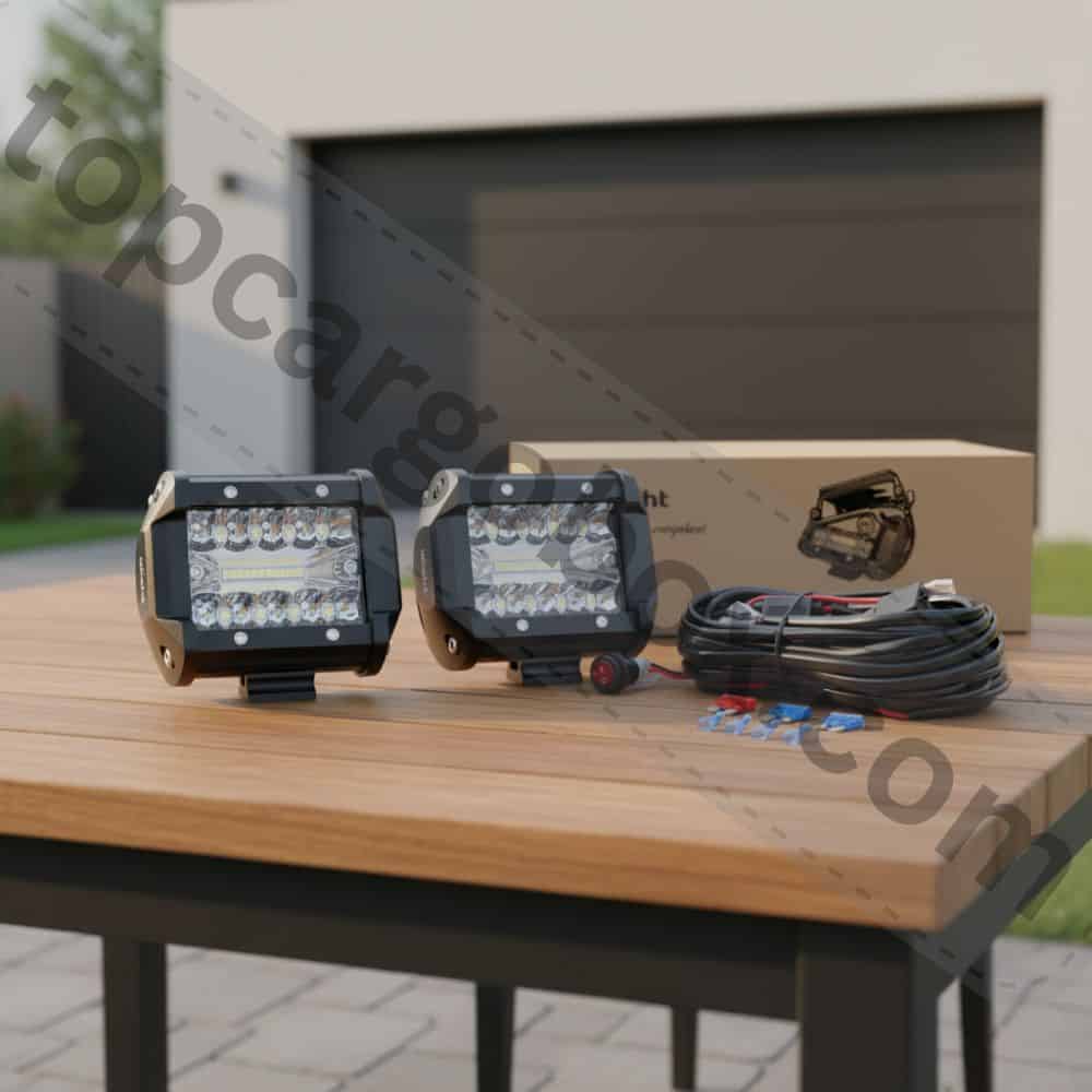 A person using a wrench to loosen the nuts on an adjustable mounting bracket, fine-tuning the angle of a mounted LED pod on a vehicle's bumper.