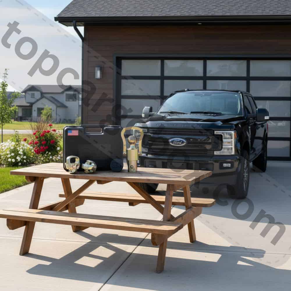 The B&W turnover ball hitch is shown in its stowed position, creating a perfectly flat and unobstructed cargo surface in the bed of a Ford F-250, ready for hauling lumber or other gear.