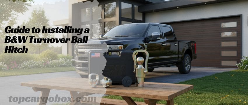 All components of the B&W hitch system are laid out on a clean garage floor tarp, including the main turnover ball assembly, four locking legs, and the necessary bolts and washers for assembly.