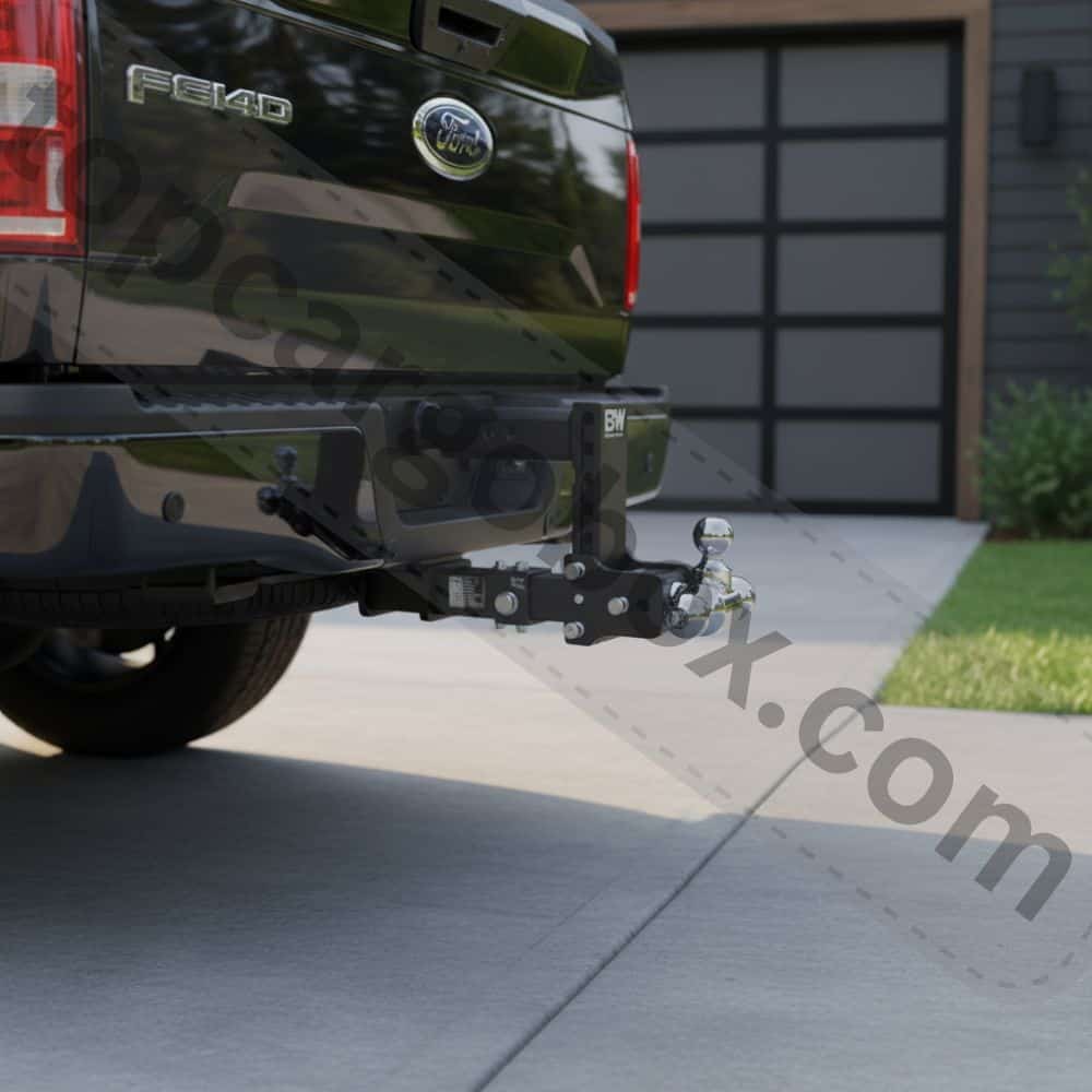 A three-quarter angle product shot of a black, powder-coated adjustable ball mount, highlighting its robust alloy steel construction and the three different ball sizes on the rotating head.