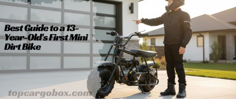 A confident 13-year-old, clad in full safety gear including a full-face helmet and motocross boots, sits proudly on a black FRP GMB100 mini dirt bike in a grassy field.