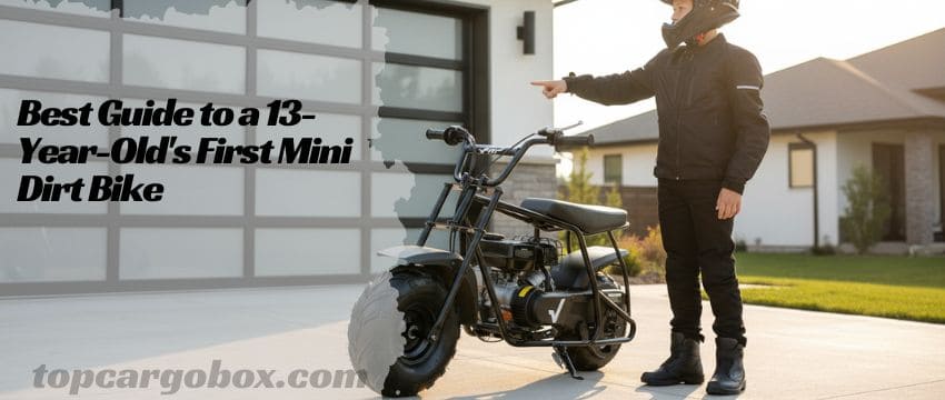 A confident 13-year-old, clad in full safety gear including a full-face helmet and motocross boots, sits proudly on a black FRP GMB100 mini dirt bike in a grassy field.