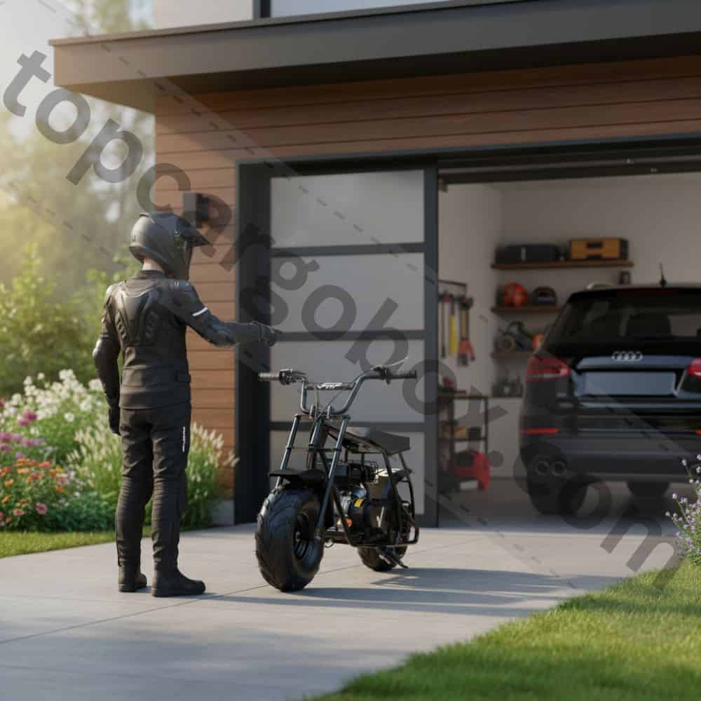 Close-up shot of a parent and teenager working together, using the included tool kit to assemble the front wheel of a new mini bike straight out of the box.