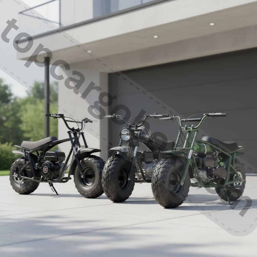 A teenager performs a pre-ride safety check, visually inspecting the chain tension and disc brake on their mini dirt bike before heading out on a trail.
