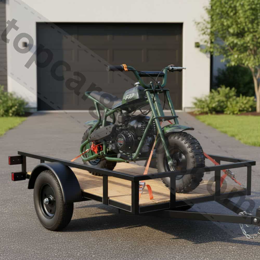 A family unloads their mini dirt bikes from a trailer at a designated, safe OHV park with wide-open trails and rolling hills.