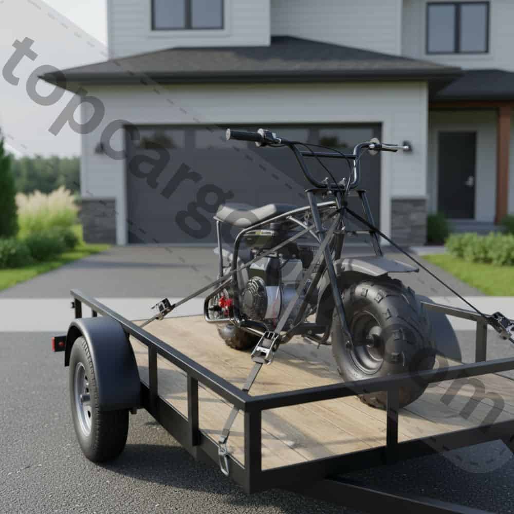 A teenager performs a pre-ride safety check, visually inspecting the chain tension and disc brake on their mini dirt bike before heading out on a trail.