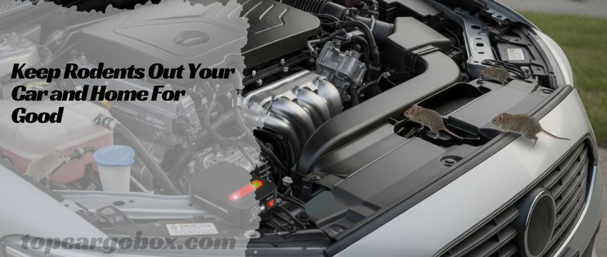 The rodent repeller is securely mounted to a car's engine frame using a heavy-duty zip tie.